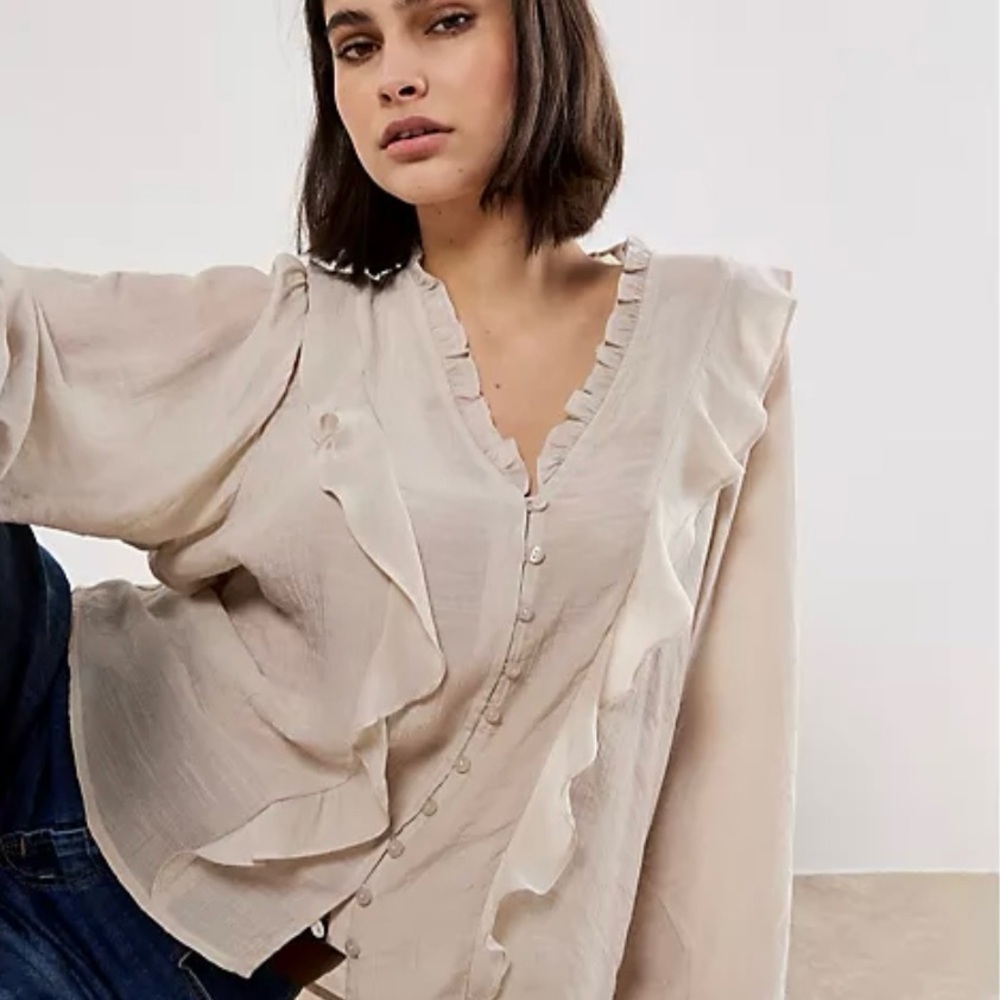 Apricot Vertical Ruffle Shimmer Slub Shirt NWT - Picture 2 of 10